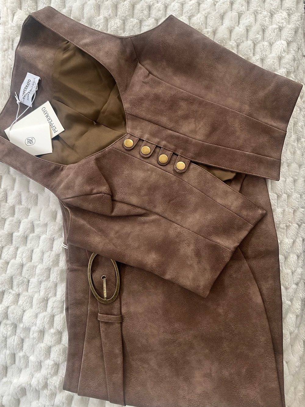 Peppermayo Brown Faux Suede Cropped Vest with Gold Buttons